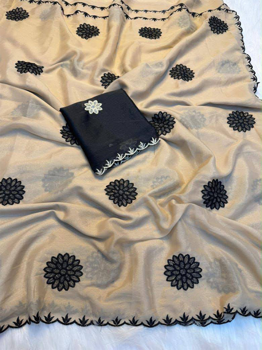 Chiku Star Georgette Embroidery Wedding Reception Party Festival Casual Heavy Border Sarees
