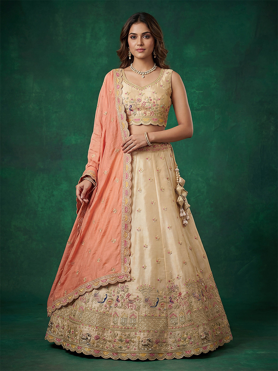 Chiku Tissue Embroidery Wedding Reception Party Festival Heavy Border Lehenga Choli
