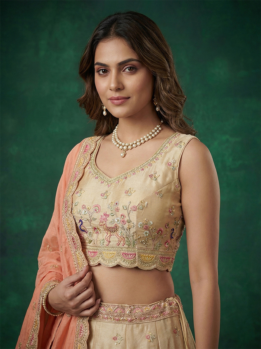 Chiku Tissue Embroidery Wedding Reception Party Festival Heavy Border Lehenga Choli