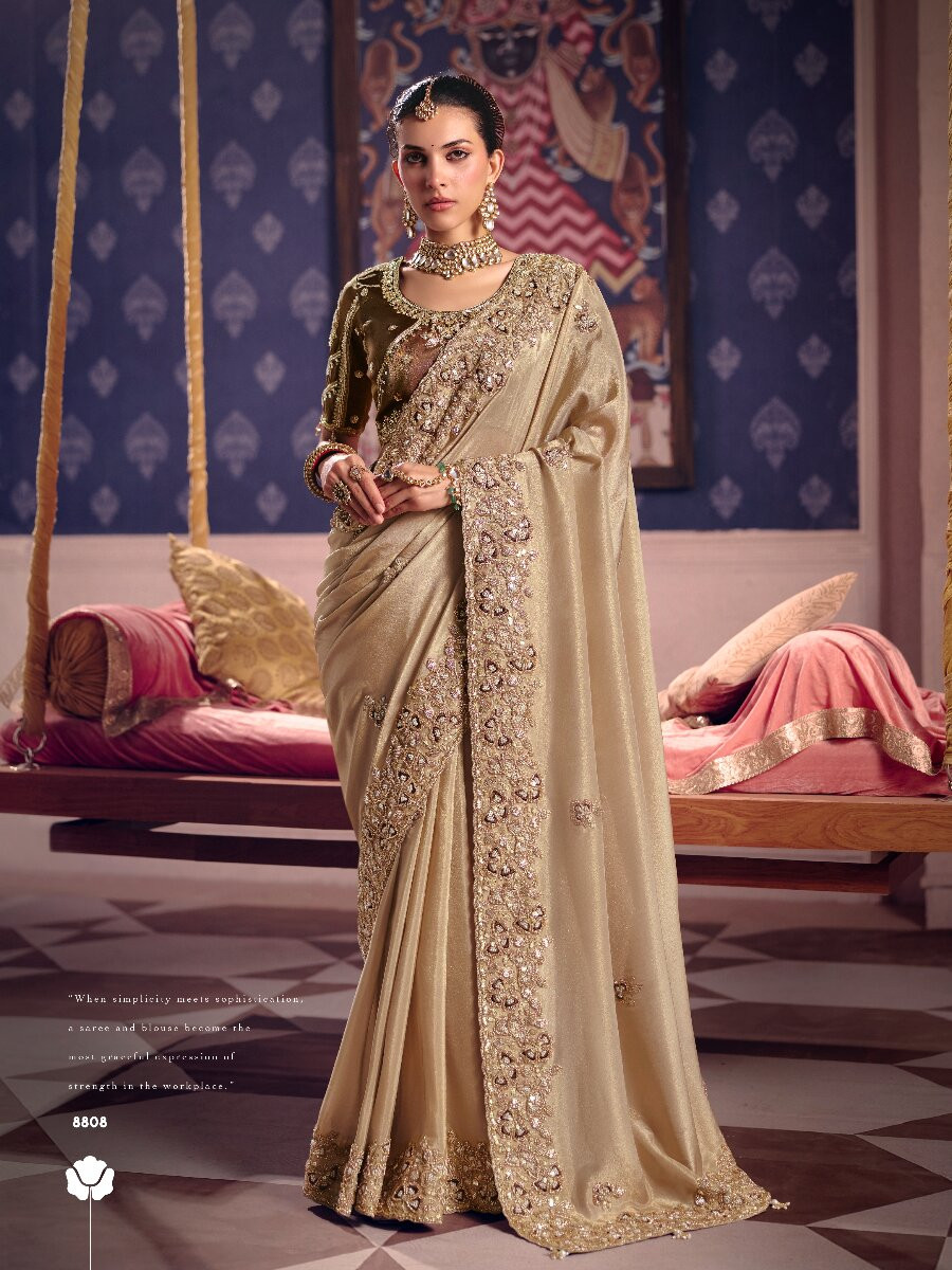 Chiku Tissue Silk Embroidery Sequins Zari Wedding Party Festival Casual Heavy Border Sarees