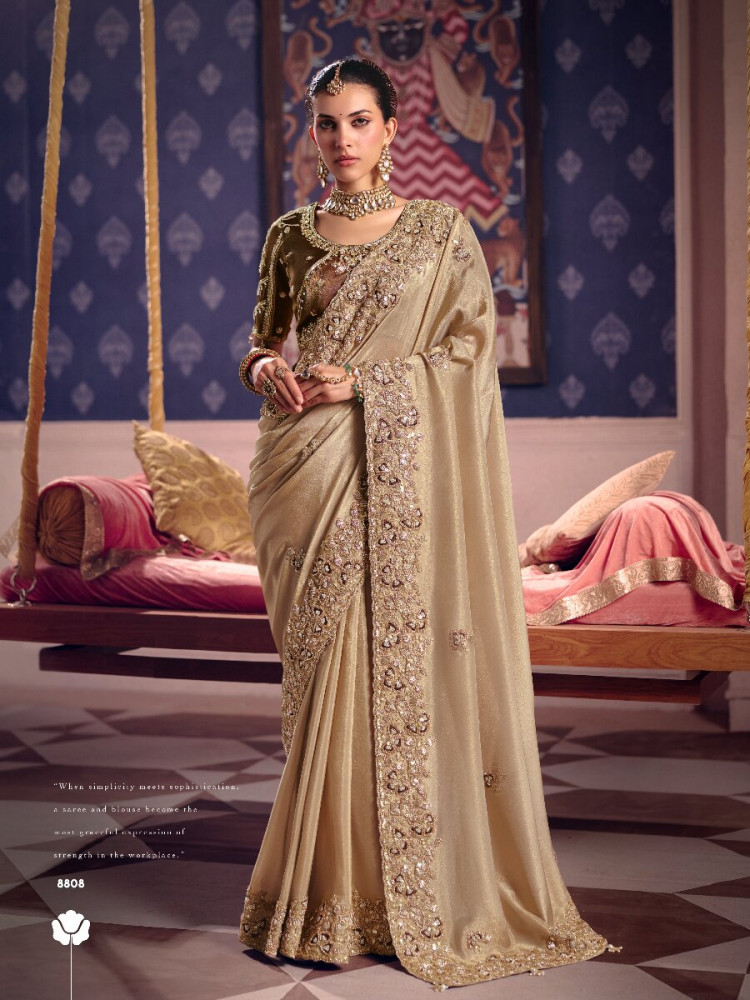 Image of Chiku Tissue Silk Embroidery Sequins Zari Wedding Party Festival Casual Heavy Border Sarees