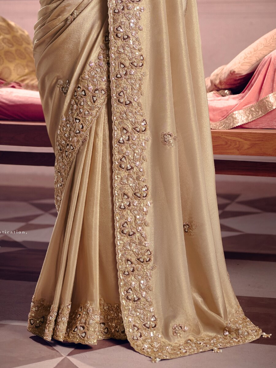 Chiku Tissue Silk Embroidery Sequins Zari Wedding Party Festival Casual Heavy Border Sarees