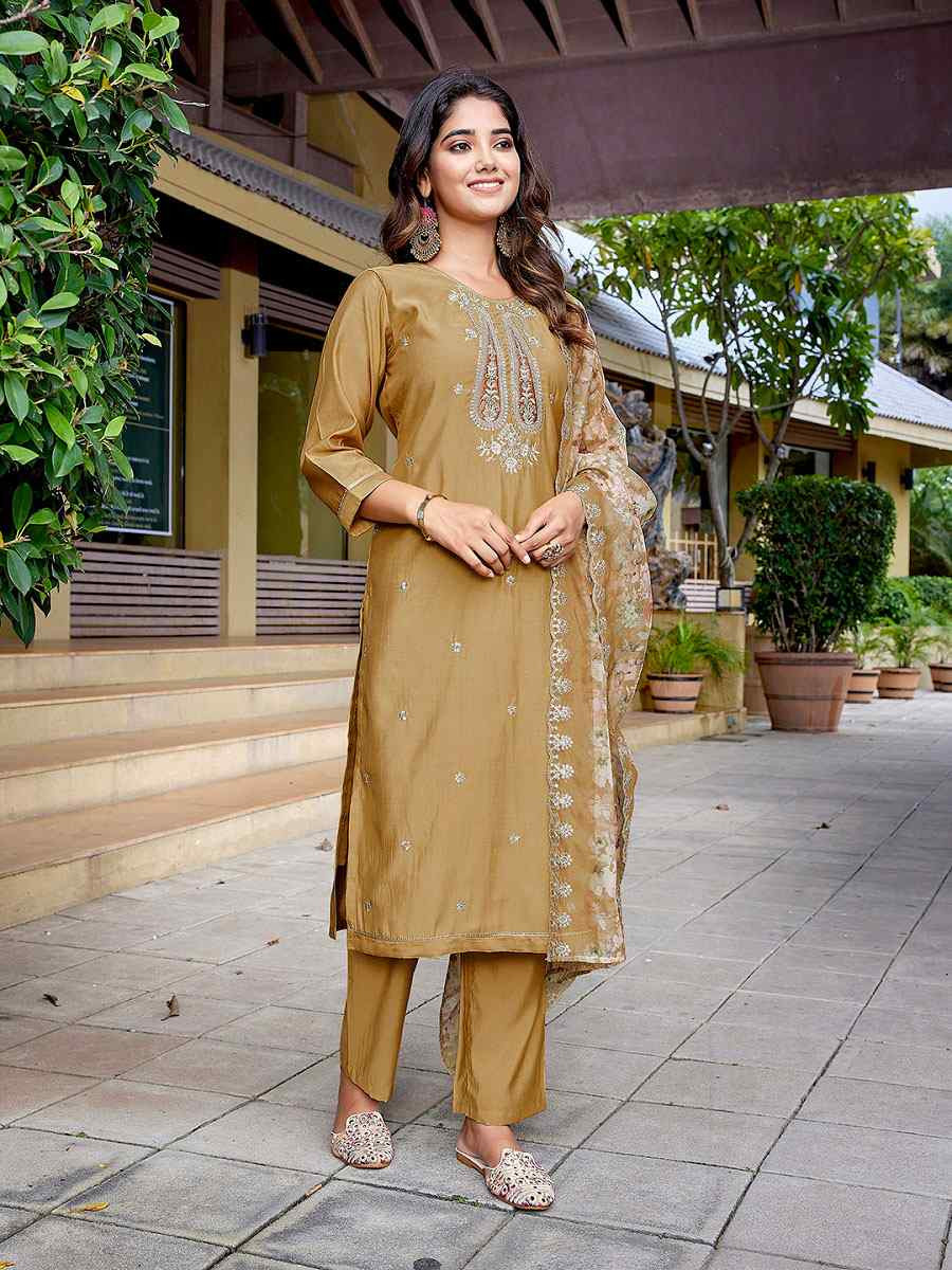 Chiku Viscose Chanderi Embroidery Party Wedding Festival Casual Ready Pant Salwar Kameez
