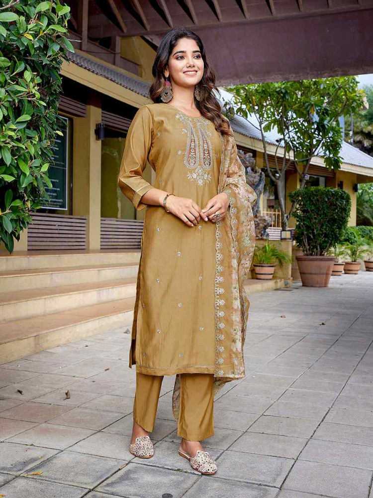 Image of Chiku Viscose Chanderi Embroidery Party Wedding Festival Casual Ready Pant Salwar Kameez