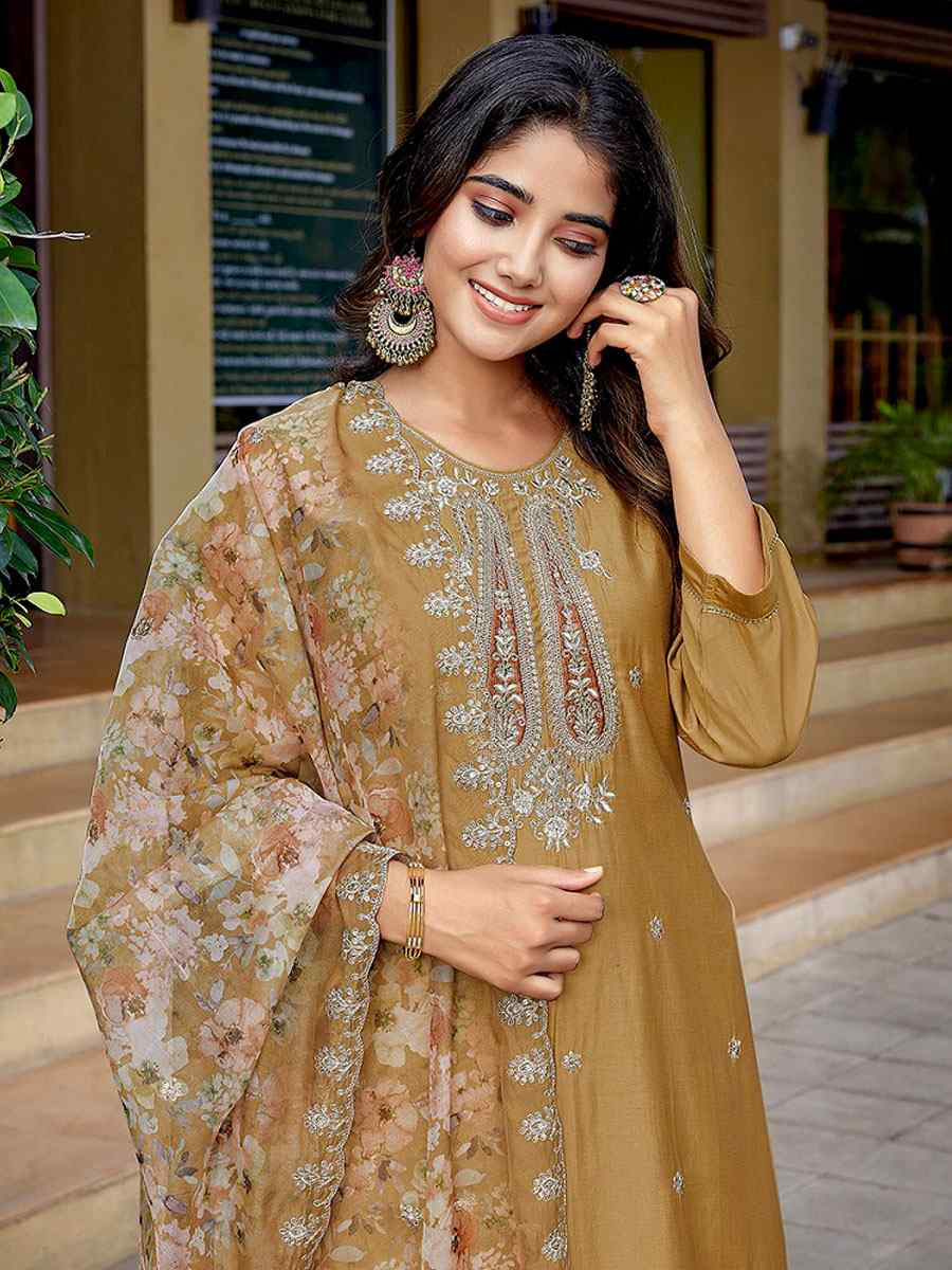 Chiku Viscose Chanderi Embroidery Party Wedding Festival Casual Ready Pant Salwar Kameez