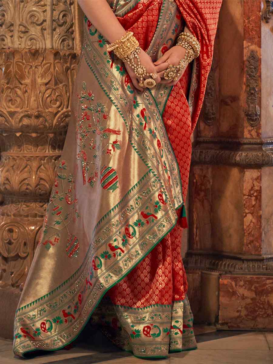 Chilli Red Banarasi Silk Handwoven Wedding Festival Heavy Border Saree