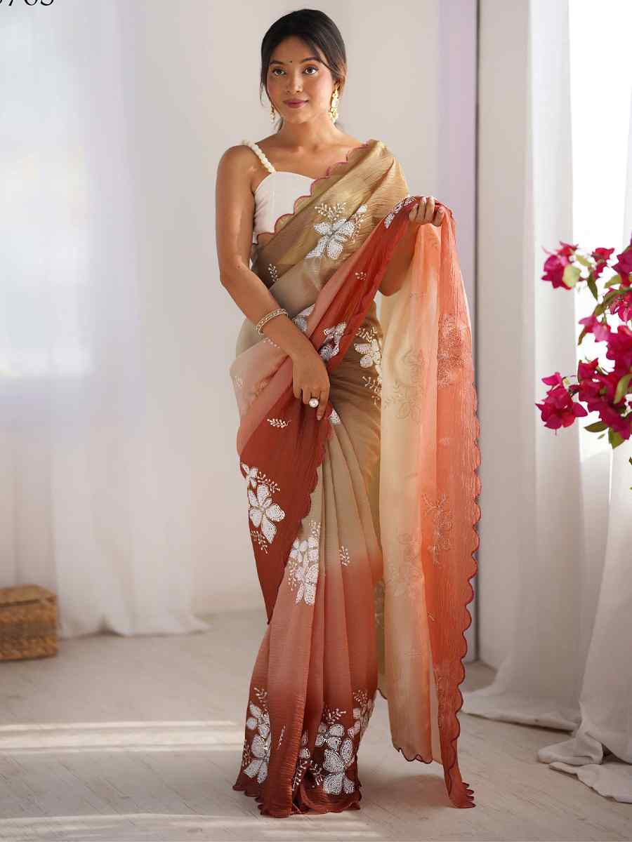 Choco and Orange Crunchy Crush Embroidered Festival Wedding Fancy Heavy Border Saree