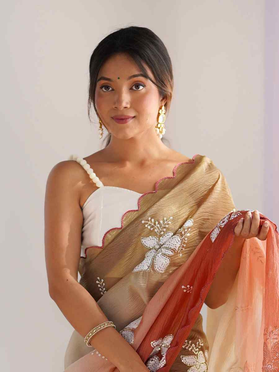 Choco and Orange Crunchy Crush Embroidered Festival Wedding Fancy Heavy Border Saree