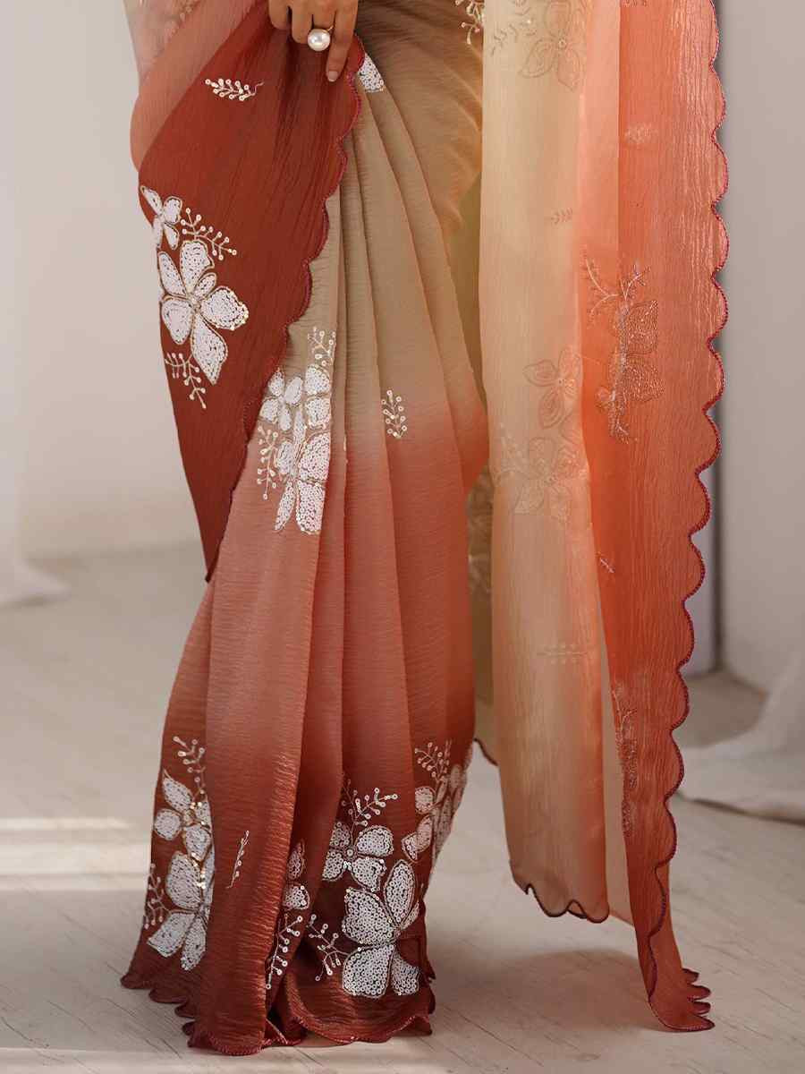Choco and Orange Crunchy Crush Embroidered Festival Wedding Fancy Heavy Border Saree