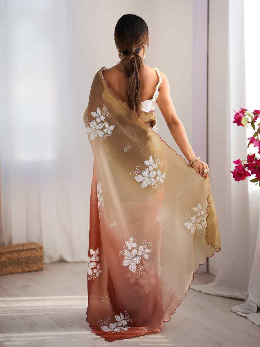 Choco and Orange Crunchy Crush Embroidered Festival Wedding Fancy Heavy Border Saree