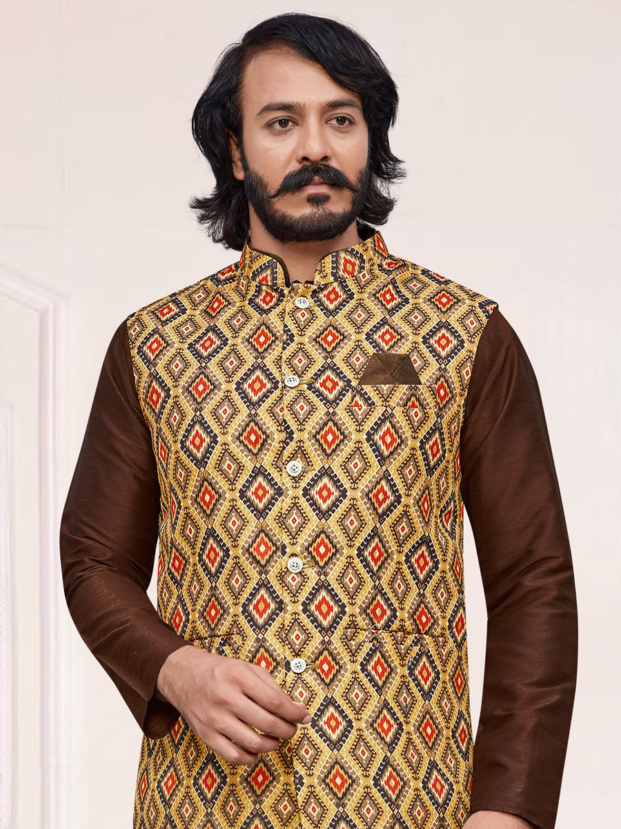 Chocolate Brown Art Silk Festival Printed Kurta Set With Jacket