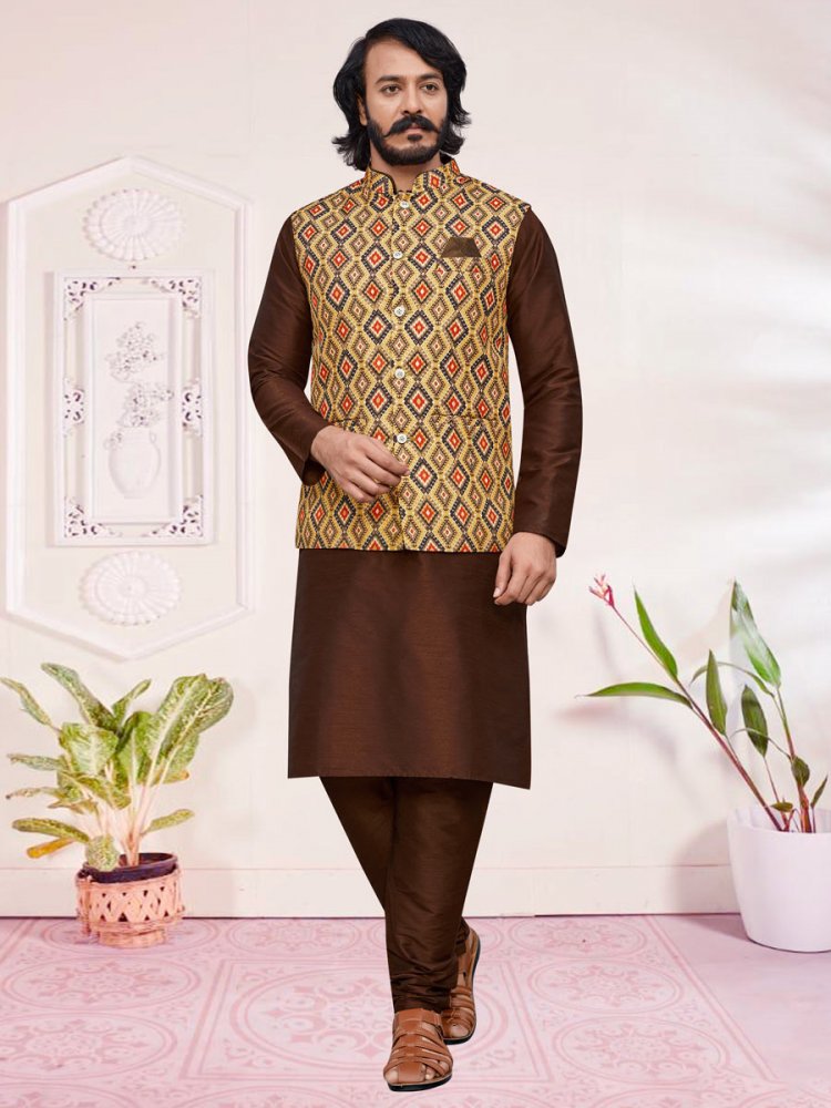 Chocolate Brown Art Silk Festival Printed Kurta Set With Jacket