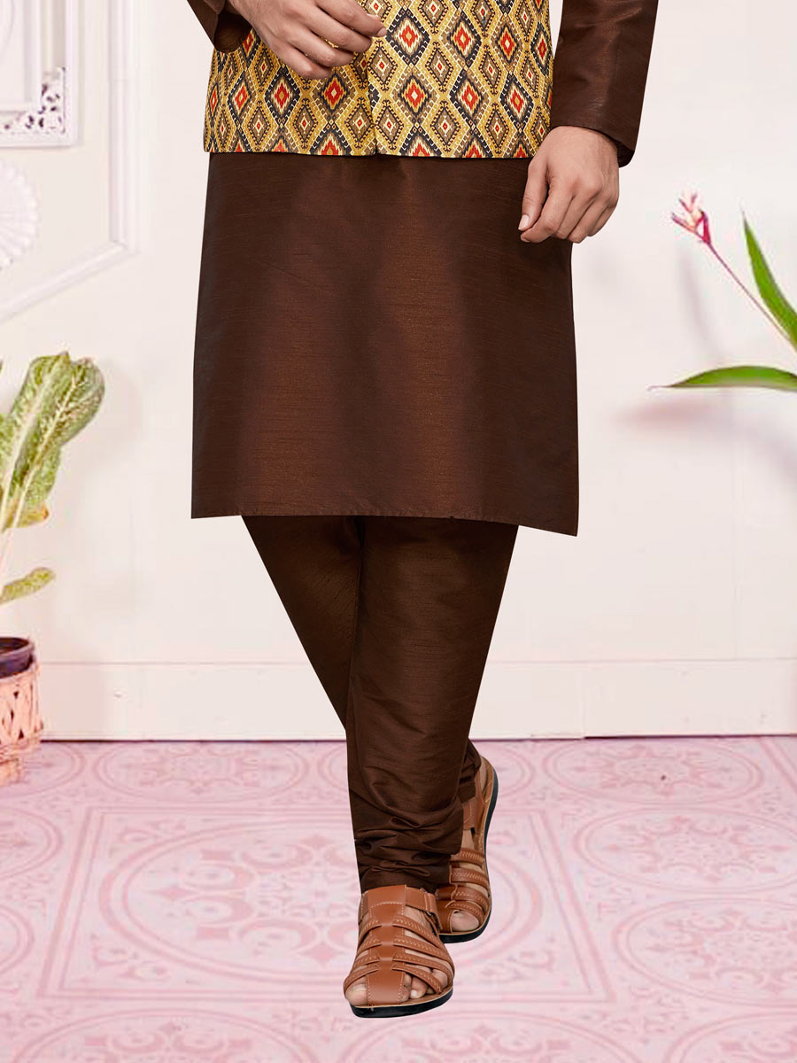 Chocolate Brown Art Silk Festival Printed Kurta Set With Jacket
