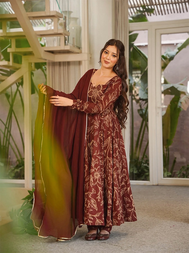 Image of Chocolate Brown Maslin Digital Printed Wedding Party Festival Casual Ready Anarkali Palazzo Pant Salwar Kameez
