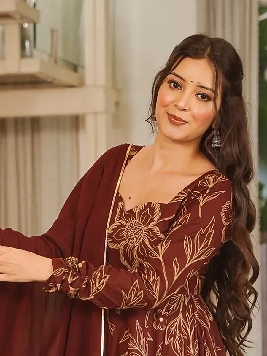 Chocolate Brown Maslin Digital Printed Wedding Party Festival Casual Ready Anarkali Palazzo Pant Salwar Kameez