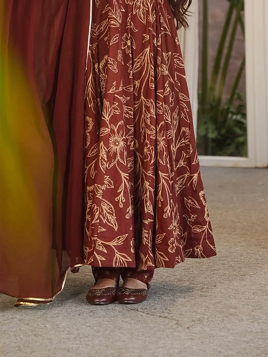 Chocolate Brown Maslin Digital Printed Wedding Party Festival Casual Ready Anarkali Palazzo Pant Salwar Kameez