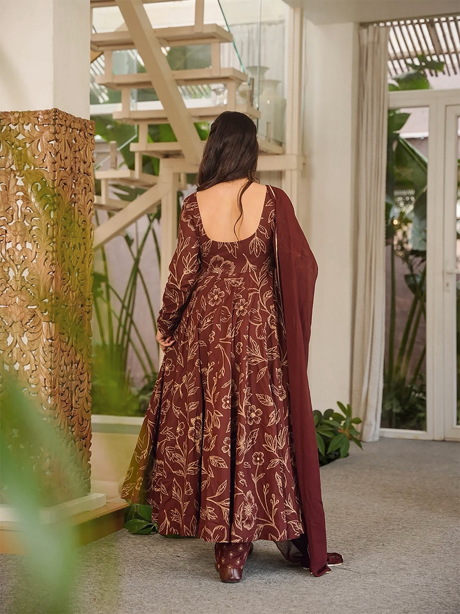 Chocolate Brown Maslin Digital Printed Wedding Party Festival Casual Ready Anarkali Palazzo Pant Salwar Kameez