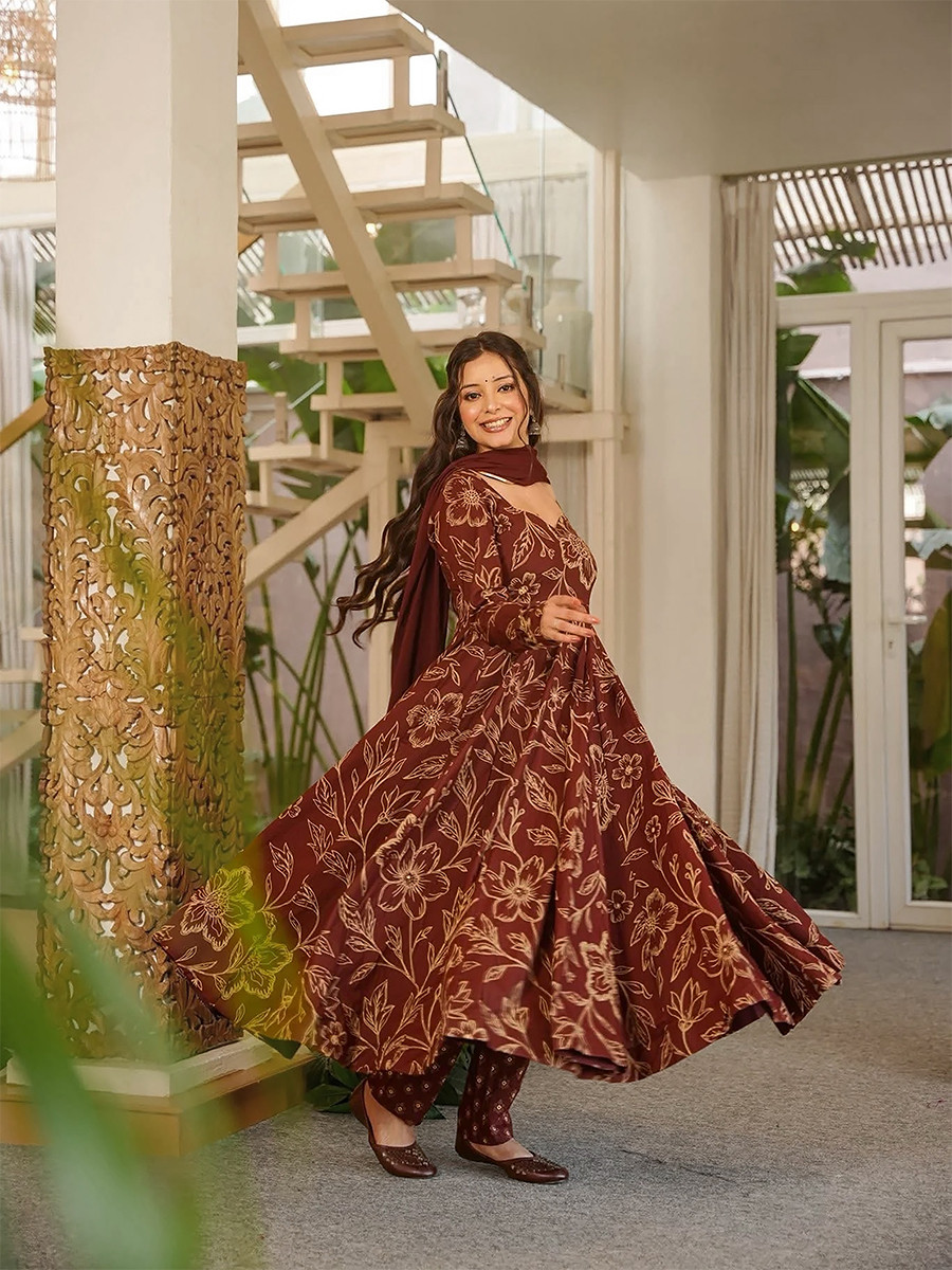 Chocolate Brown Maslin Digital Printed Wedding Party Festival Casual Ready Anarkali Palazzo Pant Salwar Kameez