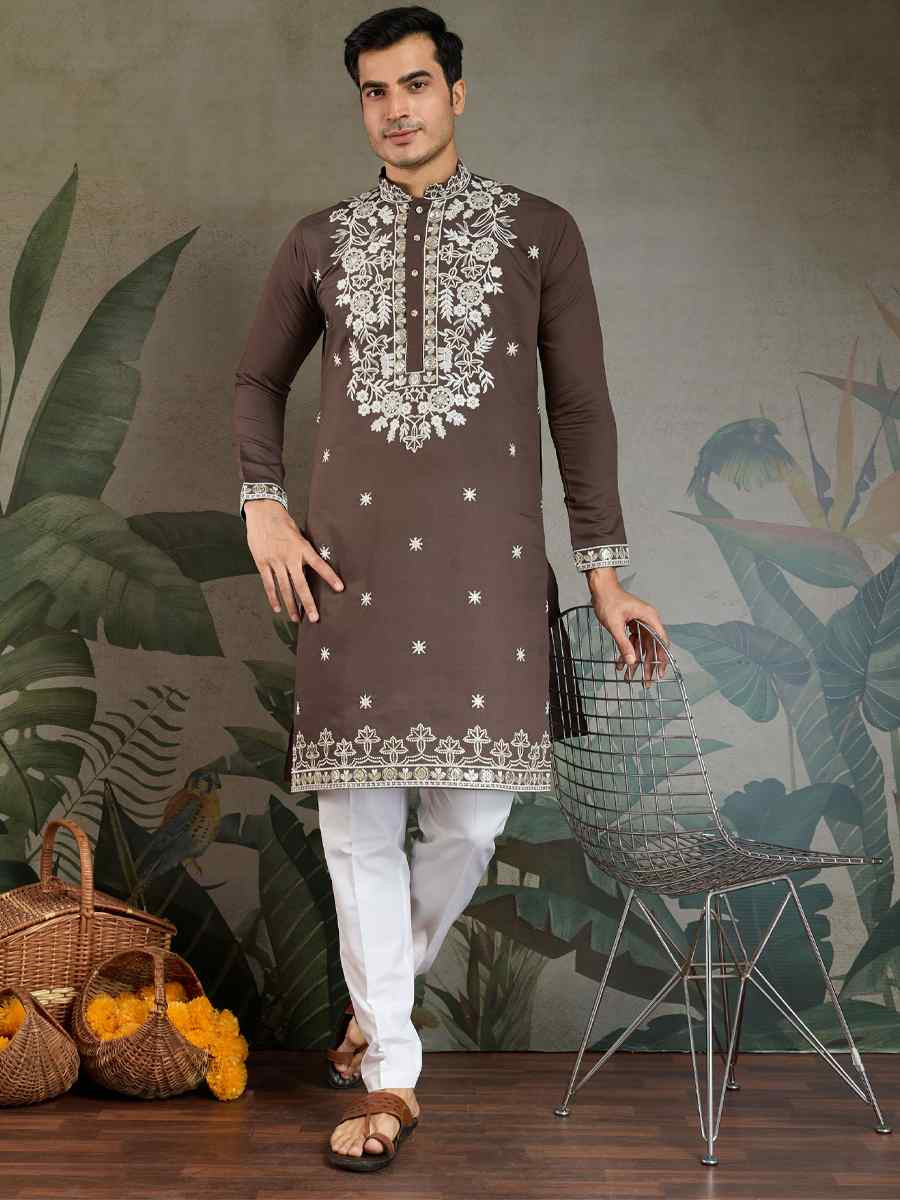 Chocolate Grey Georgette Embroidery Festival Party Kurta