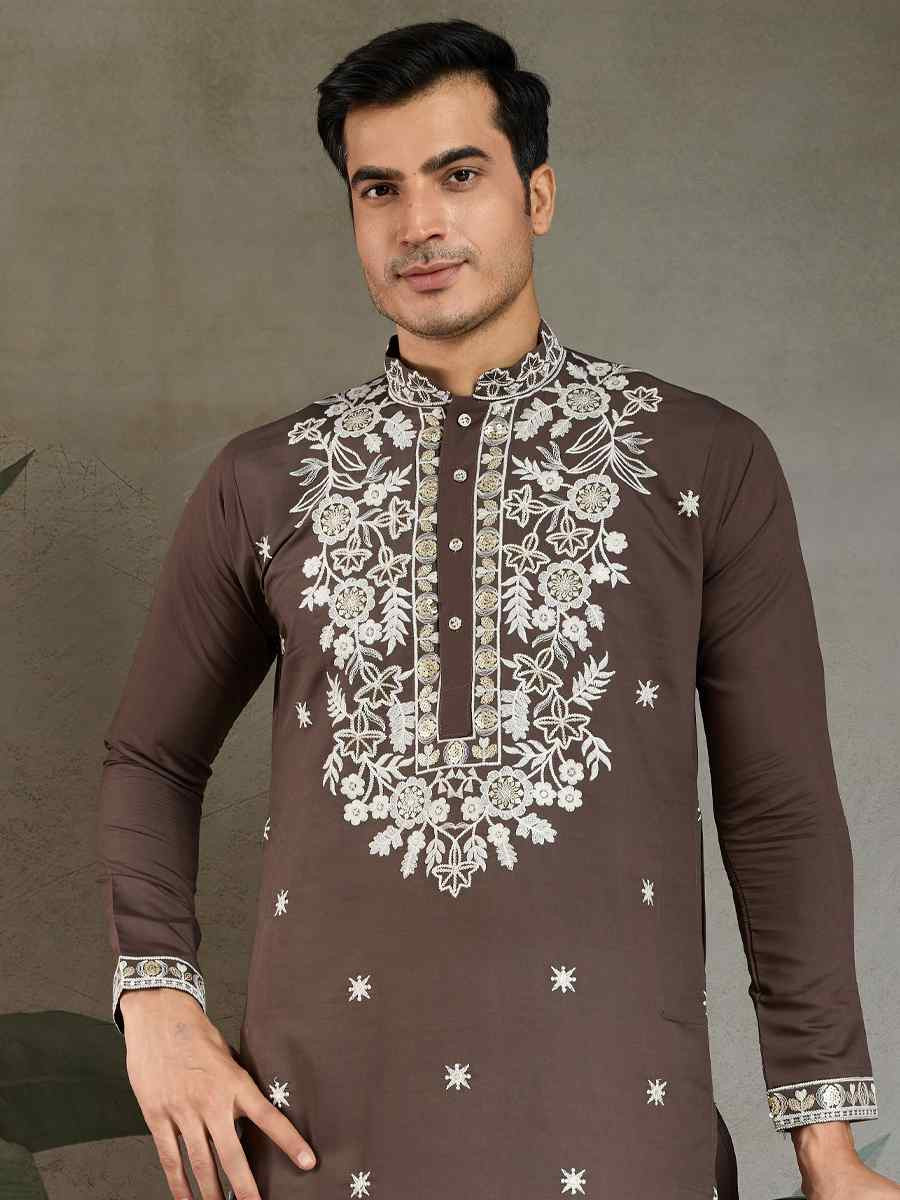 Chocolate Grey Georgette Embroidery Festival Party Kurta