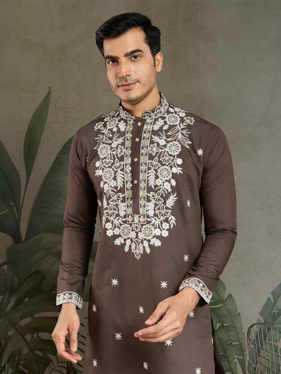 Chocolate Grey Georgette Embroidery Festival Party Kurta