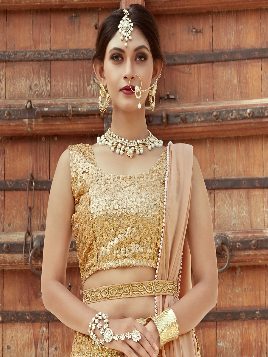 Beige Soft Net Embroidered Bridal Lehenga Choli