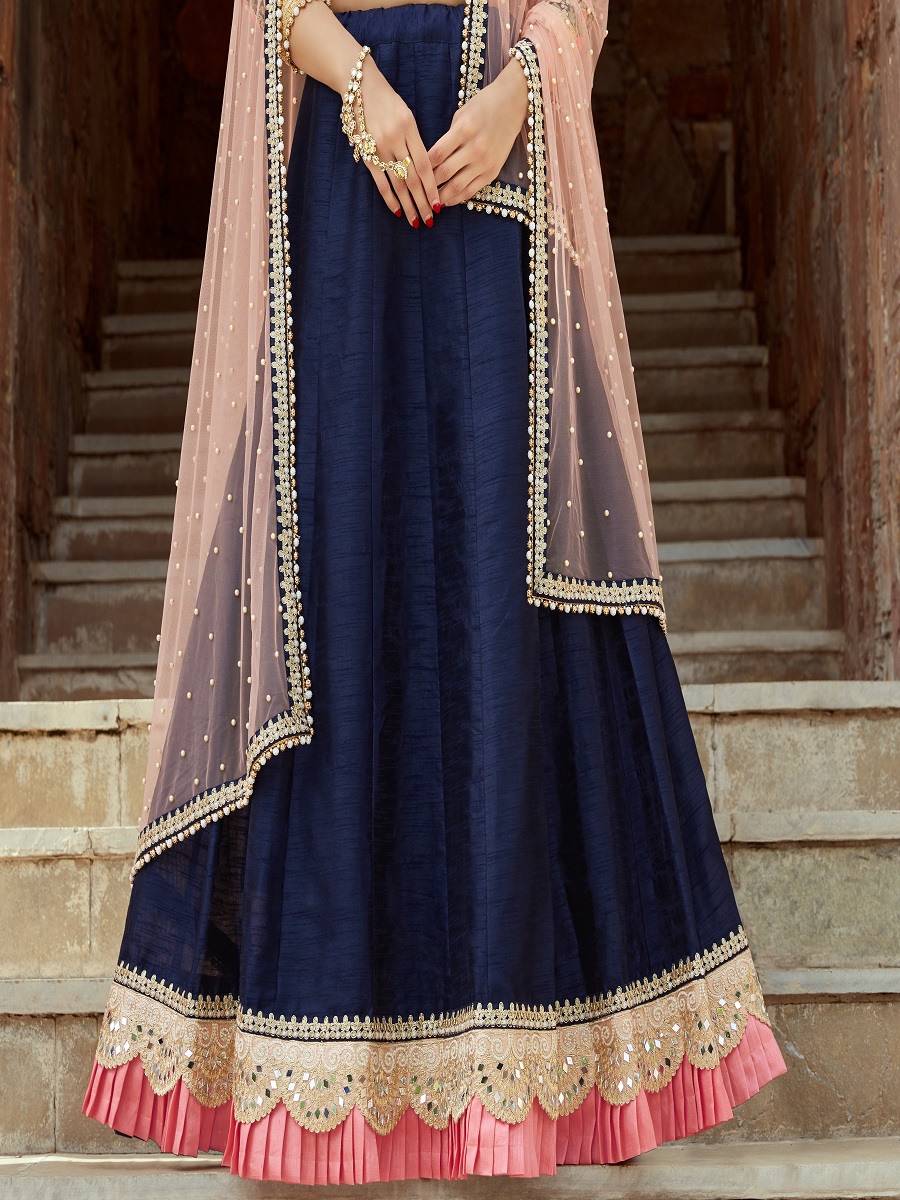 Navy Blue Art Silk Embroidered Bridal Lehenga Choli