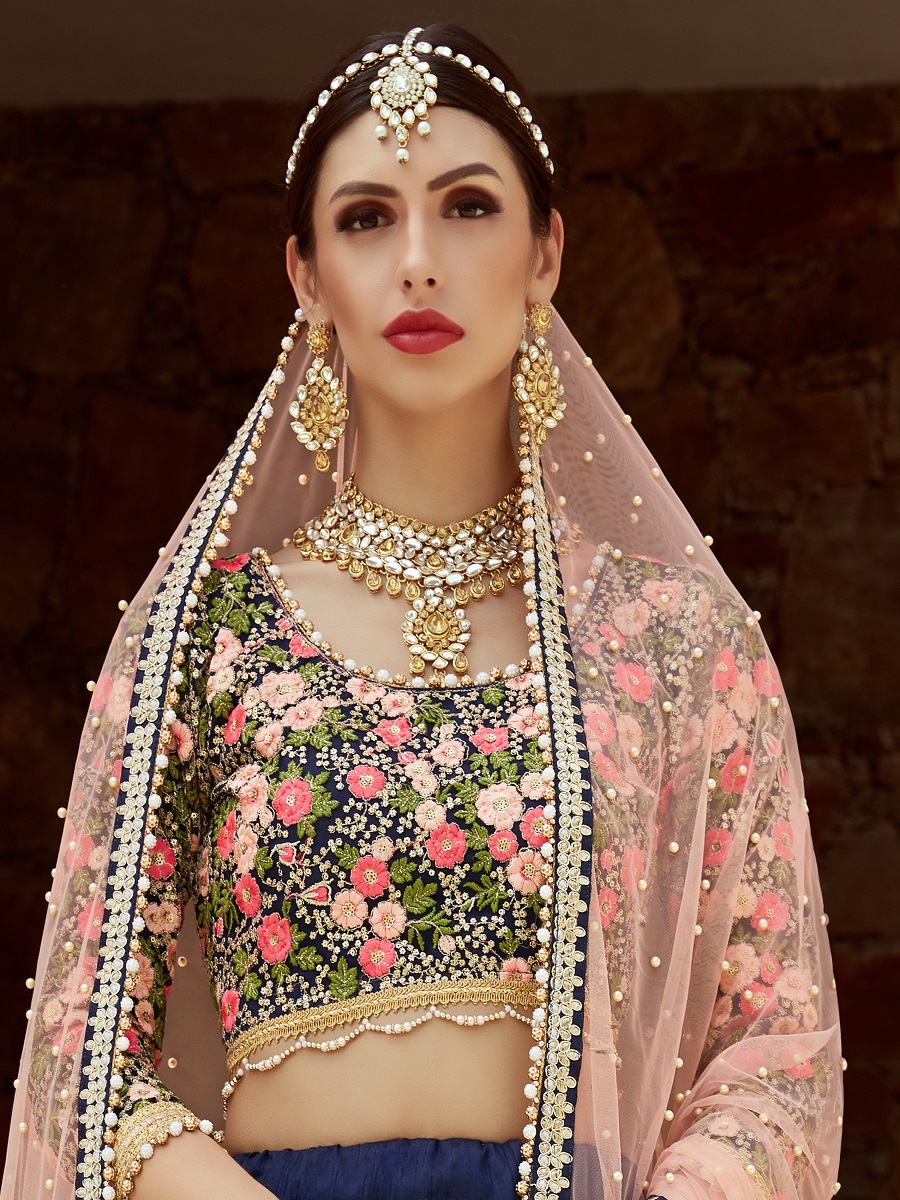 Navy Blue Art Silk Embroidered Bridal Lehenga Choli