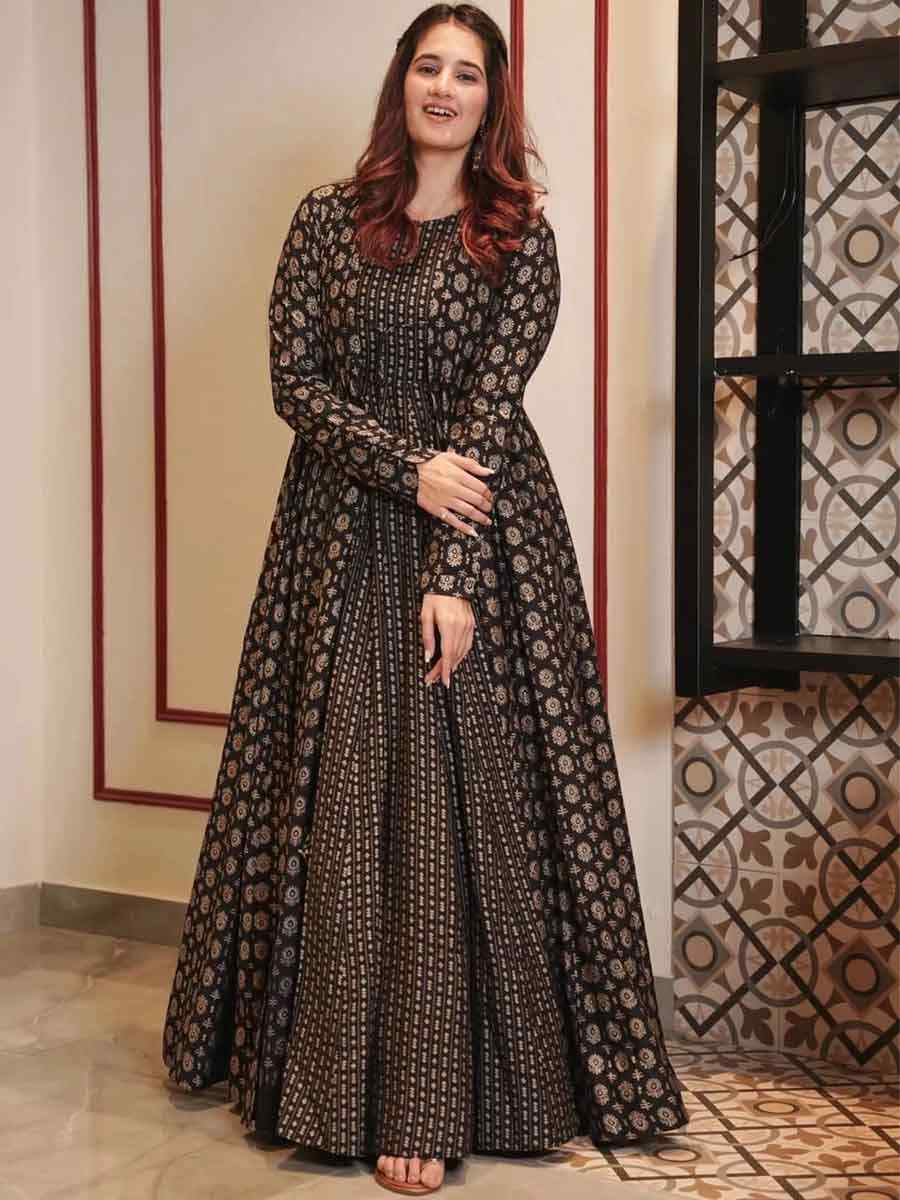 Coal Black Muslin Printed Festival Casual Gown