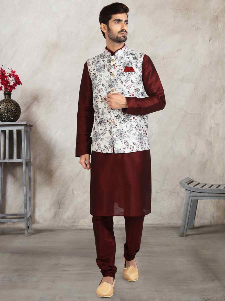 Coffee Art Banarasi Silk Printed Festival Wedding Sherwani