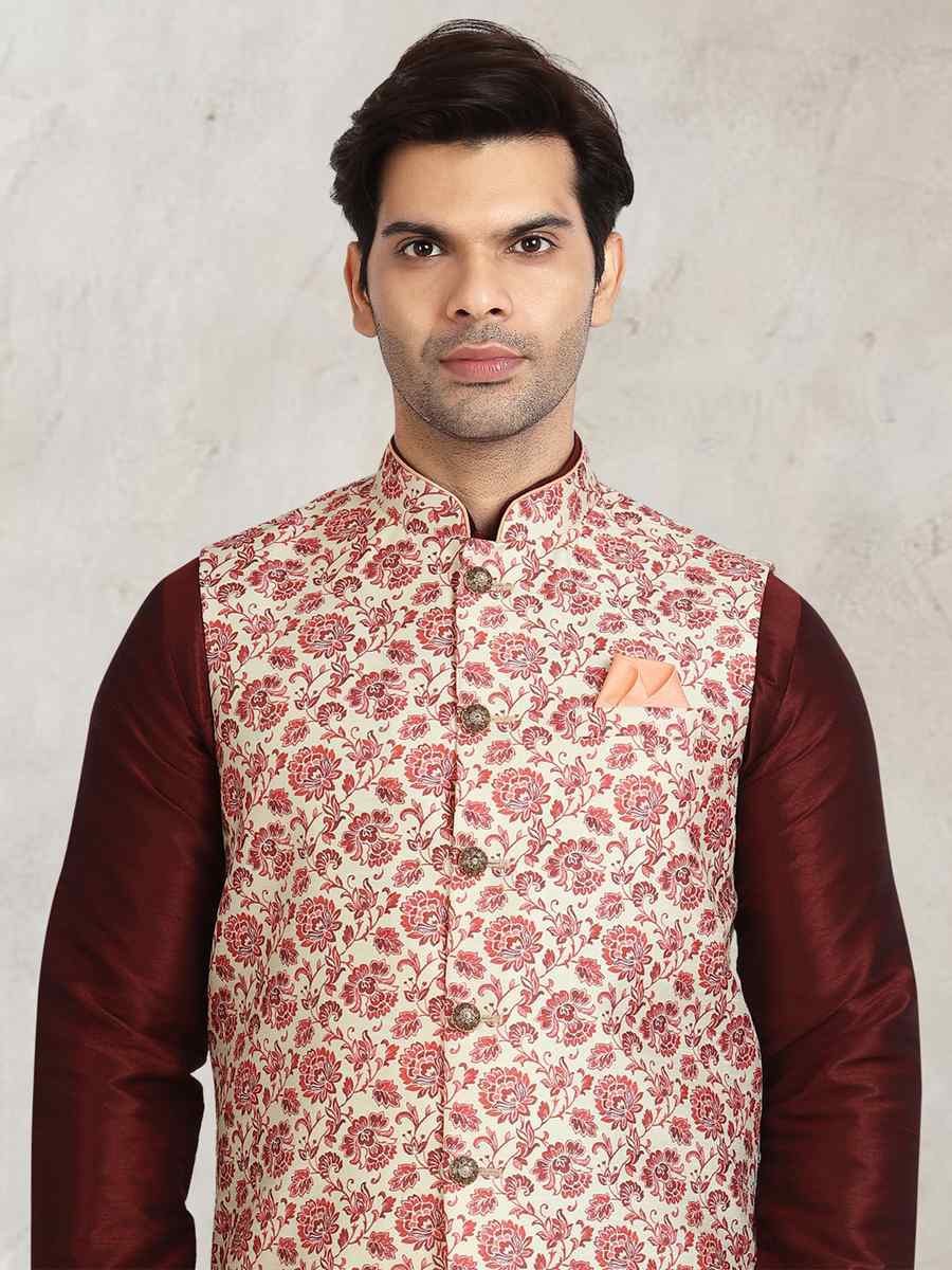 Coffee Art Banarasi Silk Printed Festival Wedding Sherwani