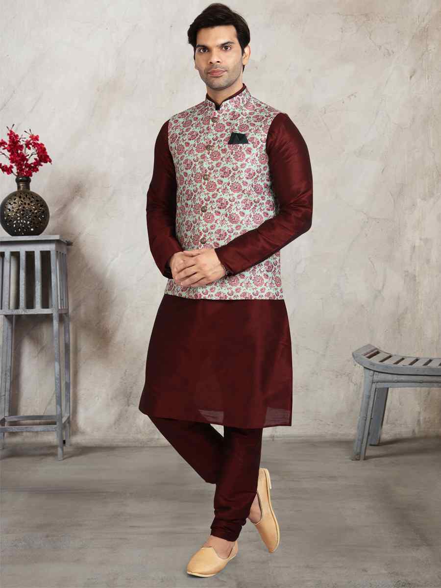 Coffee Art Banarasi Silk Printed Festival Wedding Sherwani