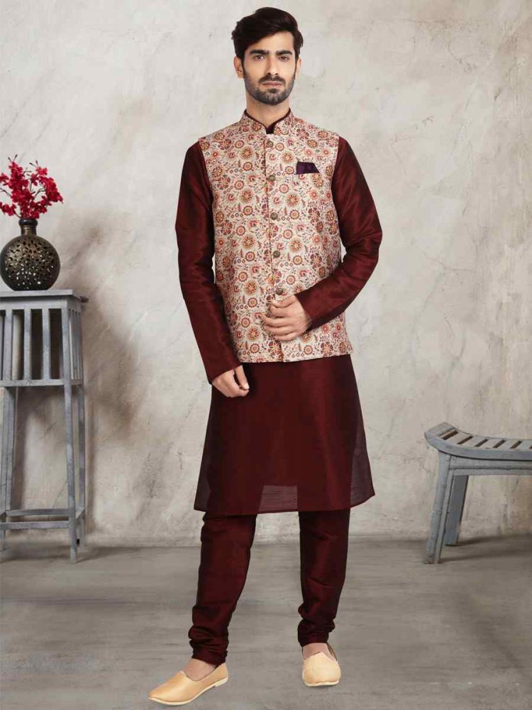 Coffee Art Banarasi Silk Printed Festival Wedding Sherwani