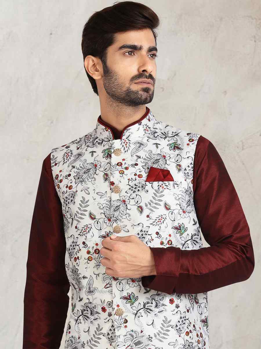 Coffee Art Banarasi Silk Printed Festival Wedding Sherwani