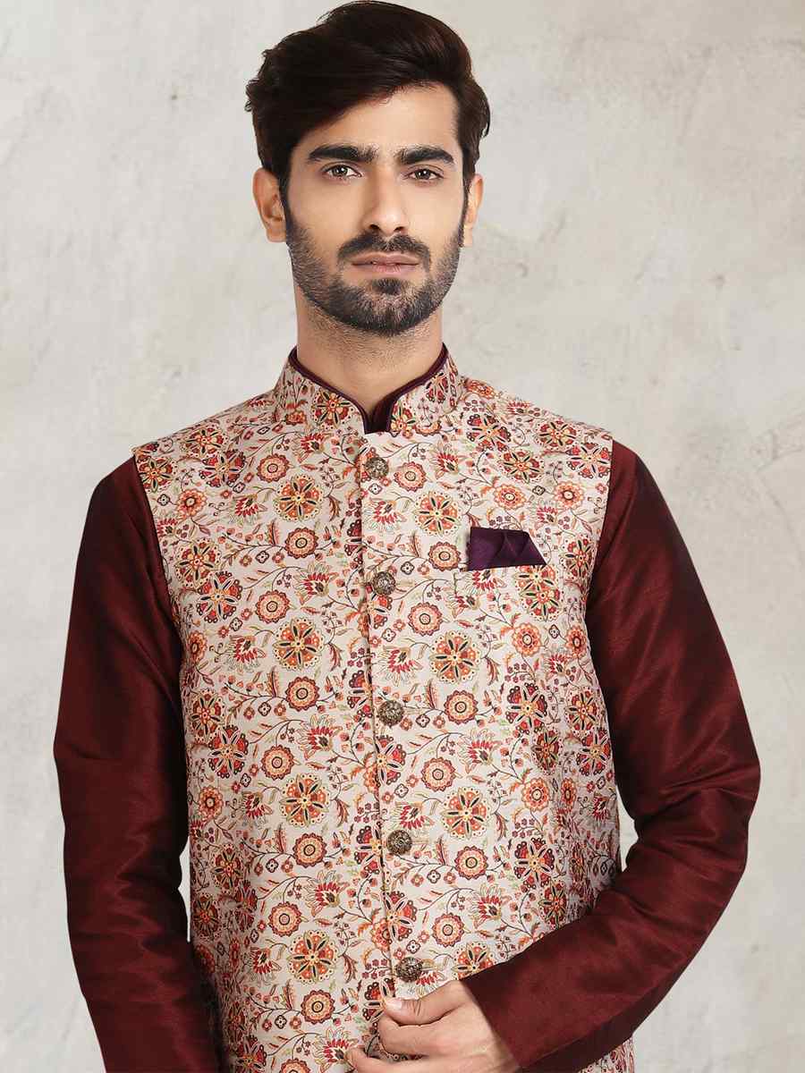 Coffee Art Banarasi Silk Printed Festival Wedding Sherwani