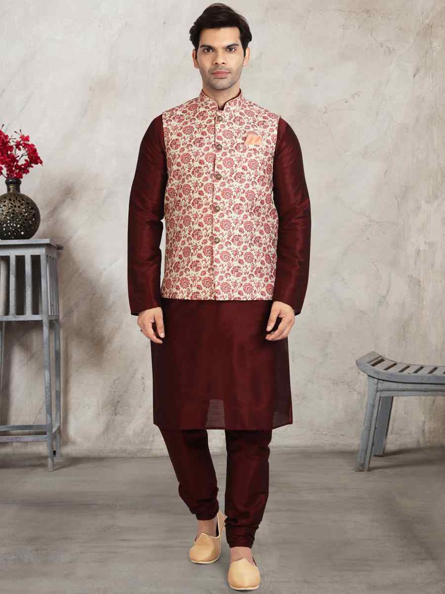 Coffee Art Banarasi Silk Printed Festival Wedding Sherwani