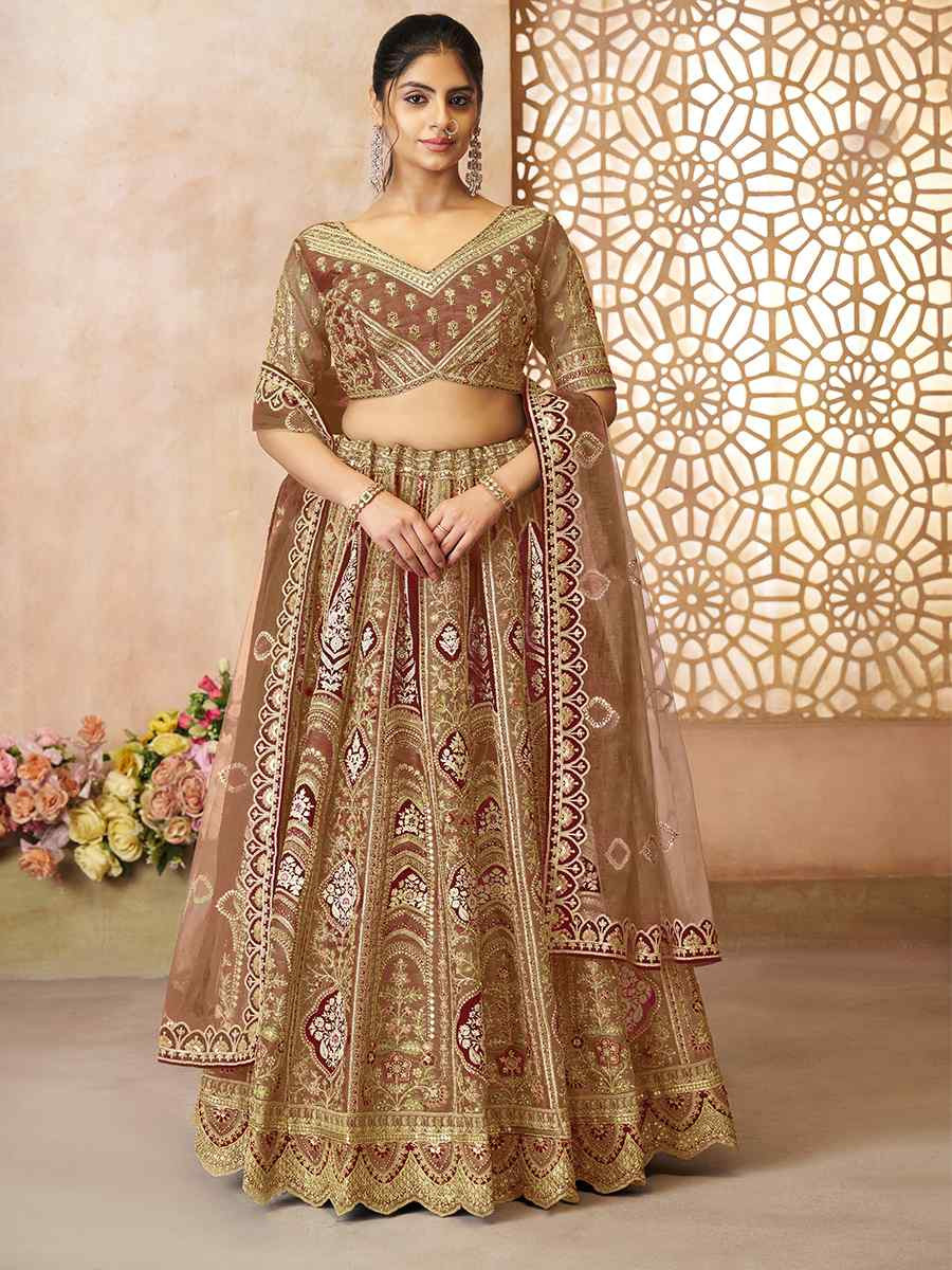 Coffee Banarasi silk Embroidered Wedding Bridesmaid Heavy Border Lehenga Choli