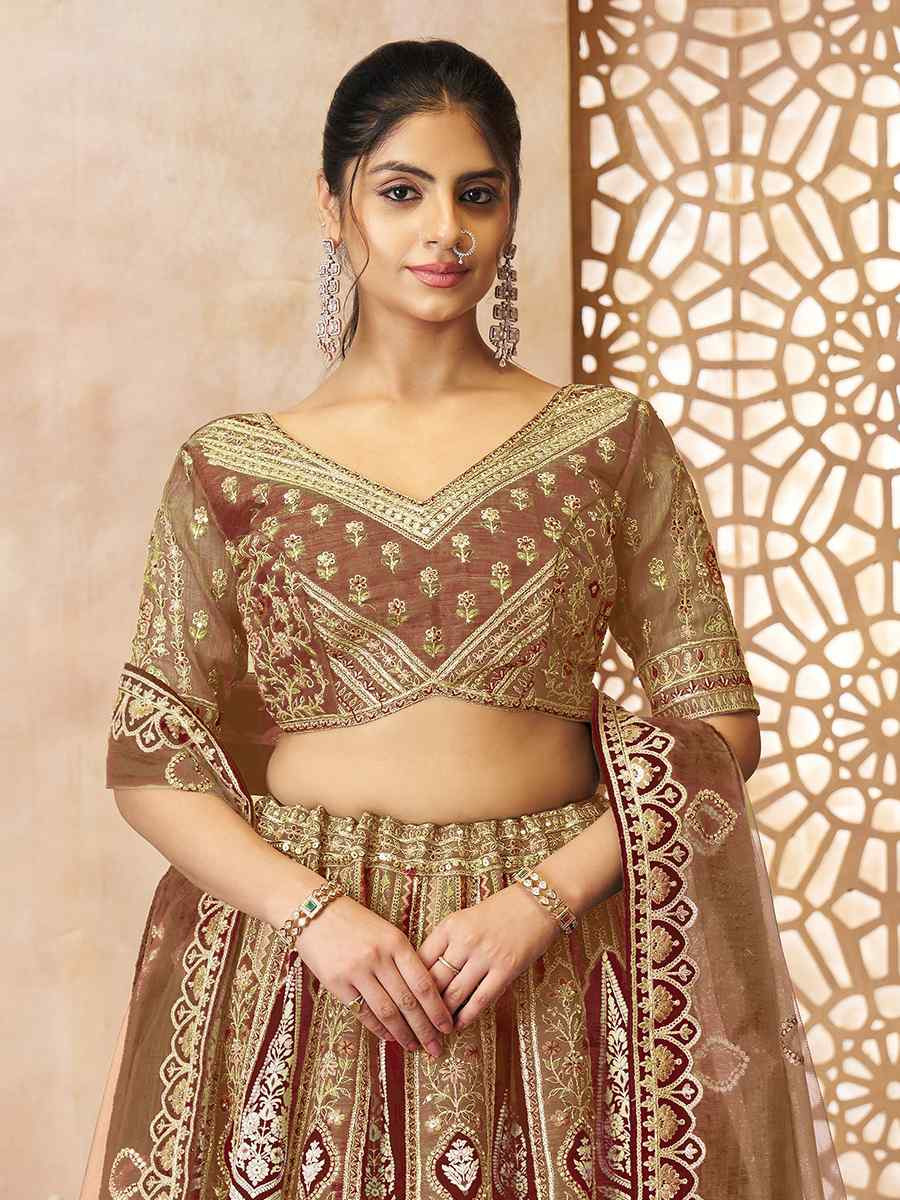 Coffee Banarasi silk Embroidered Wedding Bridesmaid Heavy Border Lehenga Choli
