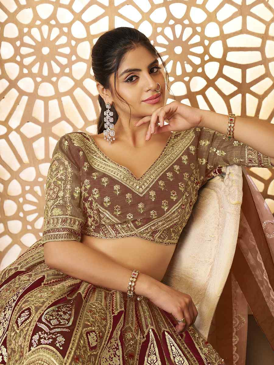 Coffee Banarasi silk Embroidered Wedding Bridesmaid Heavy Border Lehenga Choli