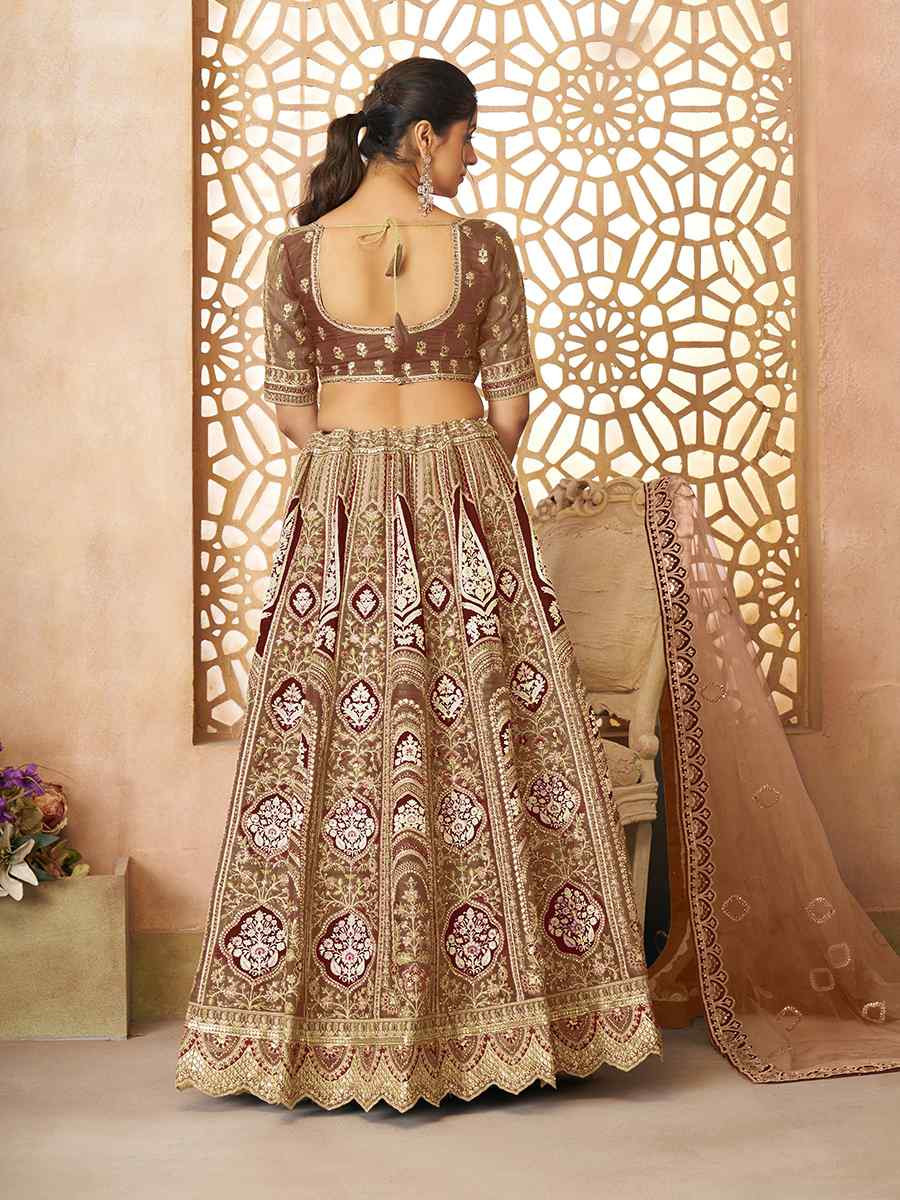 Coffee Banarasi silk Embroidered Wedding Bridesmaid Heavy Border Lehenga Choli