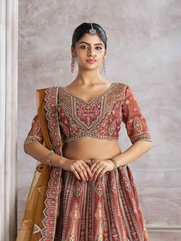 Coffee Banarasi silk Embroidered Wedding Bridesmaid Heavy Border Lehenga Choli