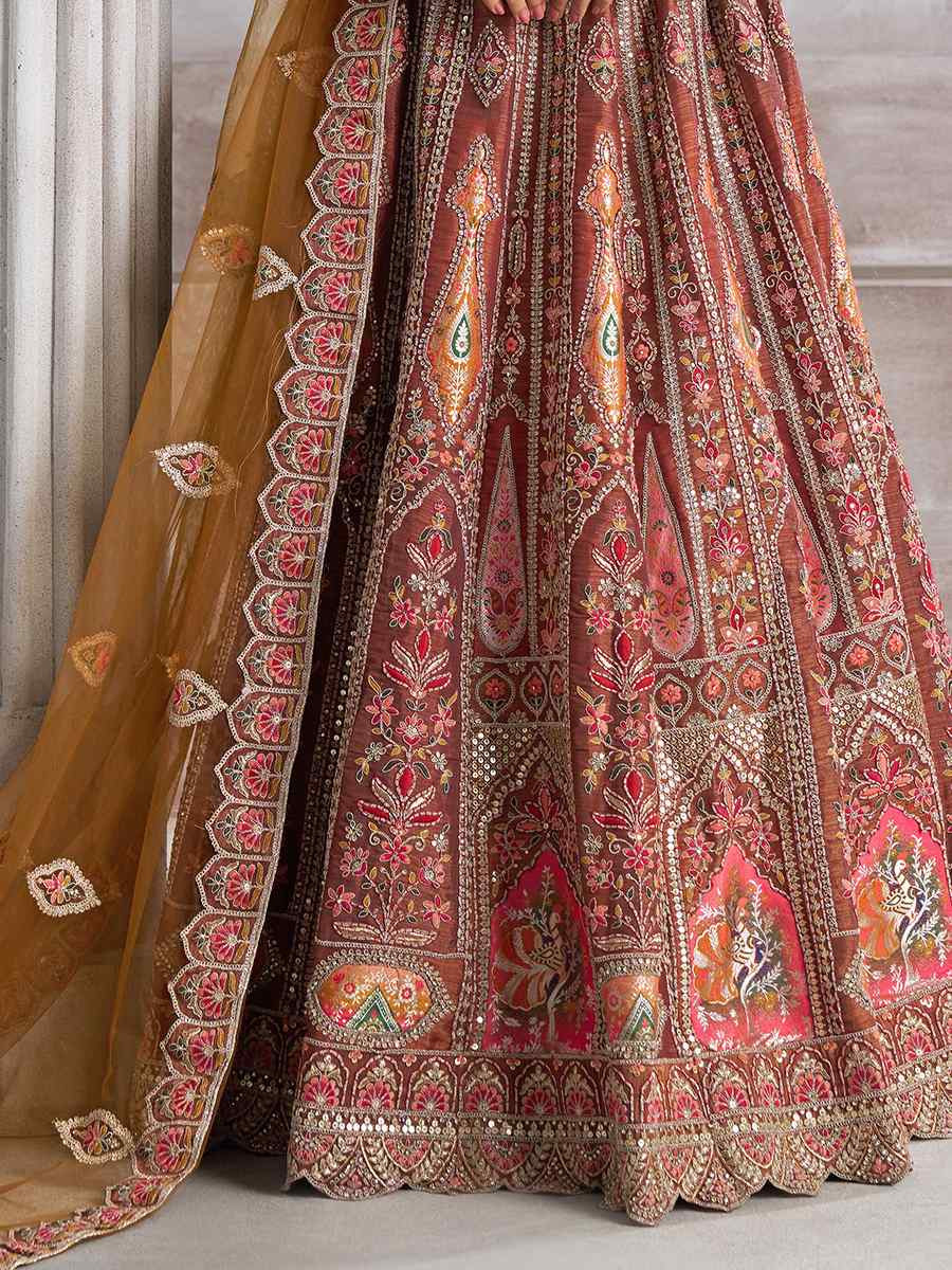 Coffee Banarasi silk Embroidered Wedding Bridesmaid Heavy Border Lehenga Choli