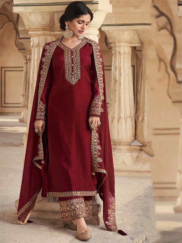 Coffee Brown Dola Silk Embroidered Festival Wedding Pant Salwar Kameez