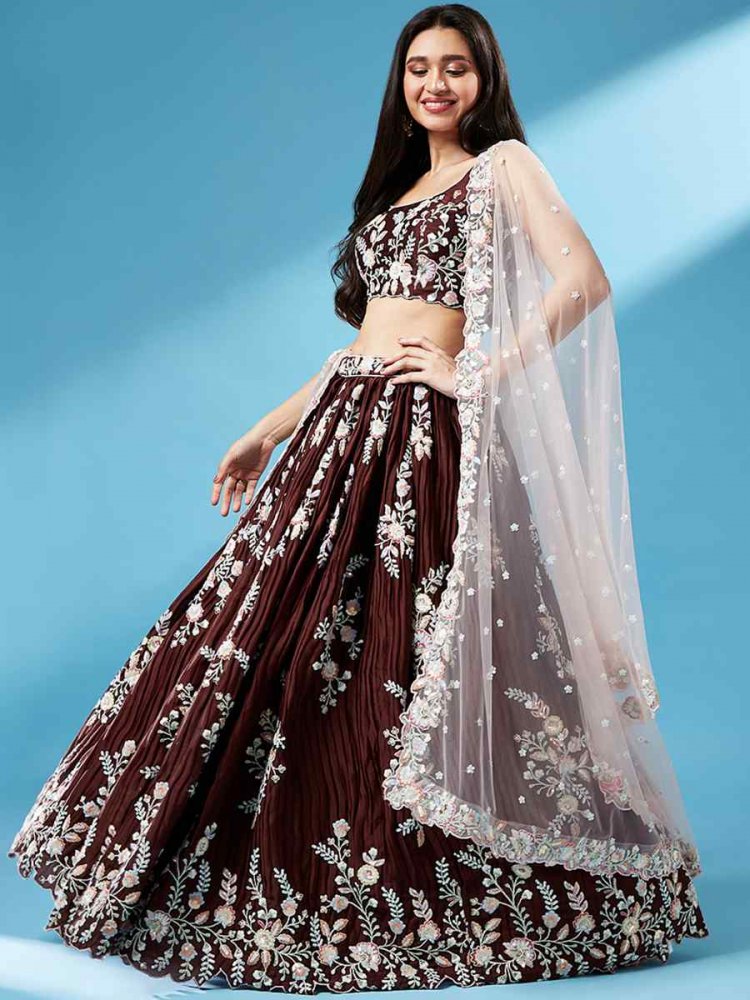 Coffee Brown Georgette Embroidered Festival Wedding Circular Lehenga Choli
