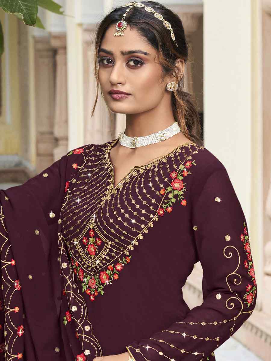 Coffee Brown Georgette Embroidered Wedding Festival Sharara Pant Salwar Kameez