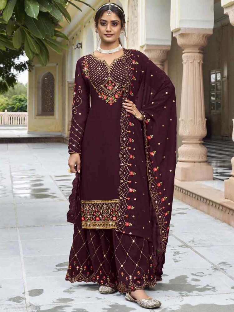 Coffee Brown Georgette Embroidered Wedding Festival Sharara Pant Salwar Kameez