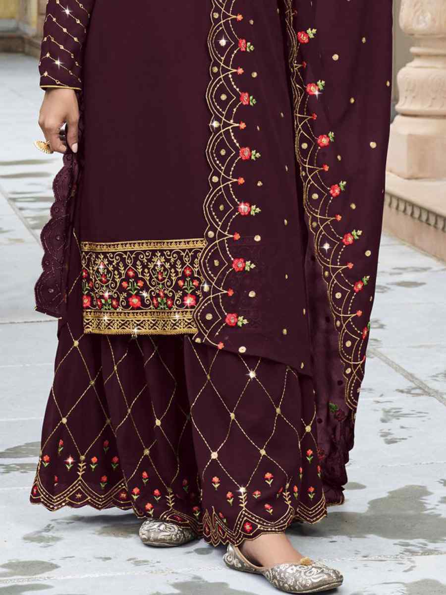 Coffee Brown Georgette Embroidered Wedding Festival Sharara Pant Salwar Kameez