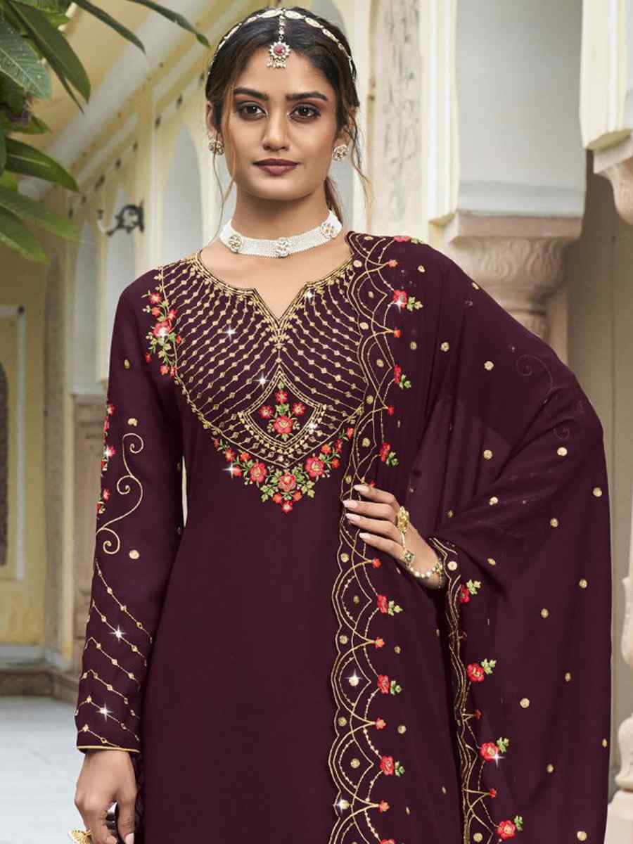 Coffee Brown Georgette Embroidered Wedding Festival Sharara Pant Salwar Kameez