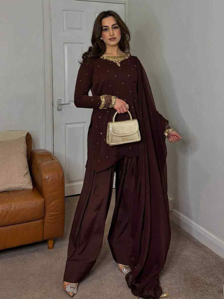Coffee Brown Heavy Faux Georgette Embroidered Festival Casual Ready Farsi Pant Salwar Kameez
