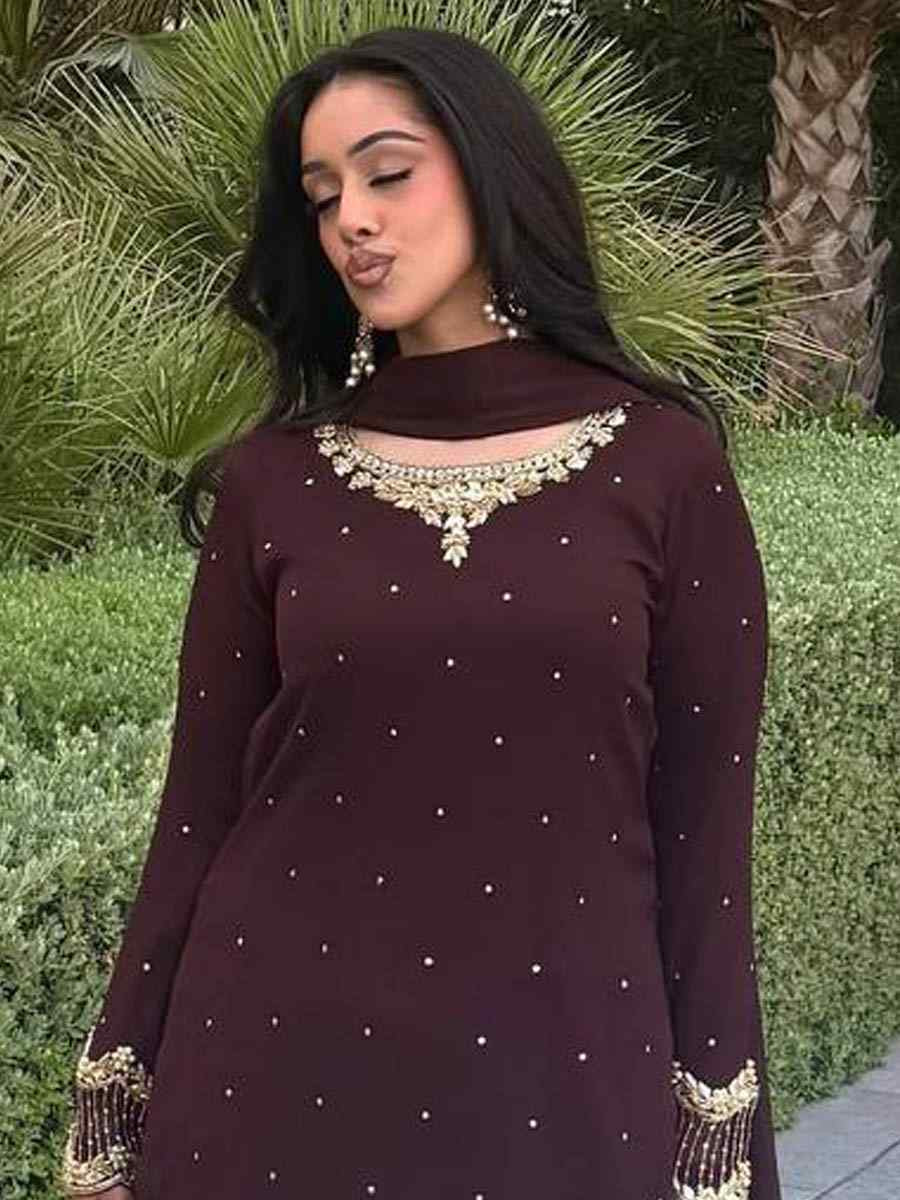 Coffee Brown Heavy Faux Georgette Embroidered Festival Casual Ready Farsi Pant Salwar Kameez